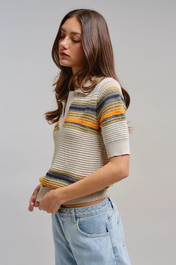 Retro Striped Open Knit V-Neck Polo