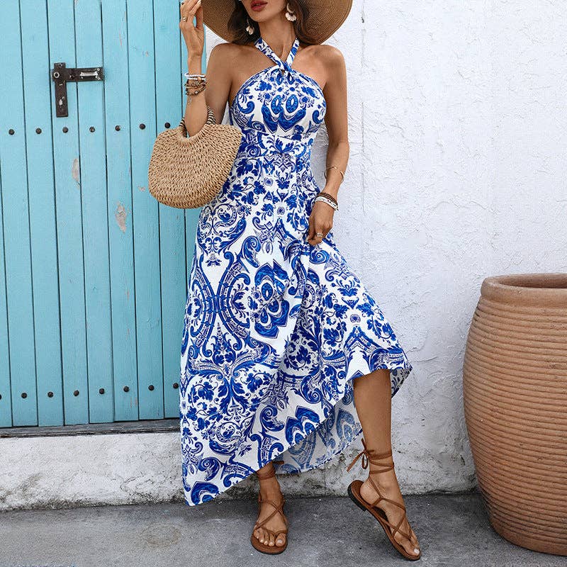 Blue Floral Halter Maxi Dress