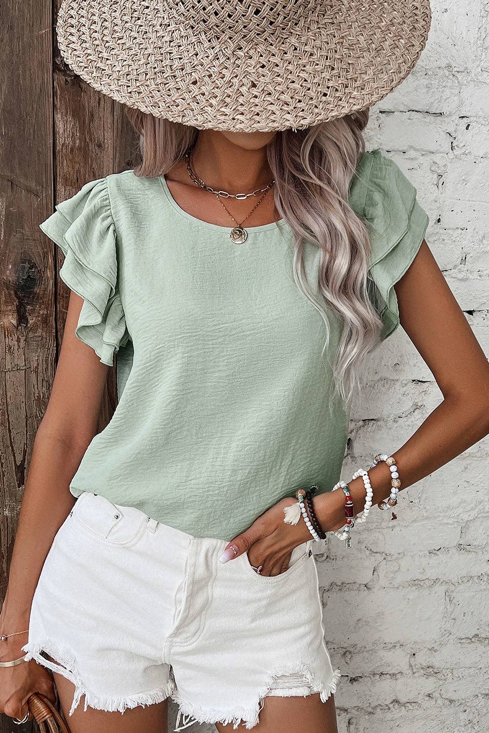Solid Color Ruffled Short Sleeve Casual Blouse