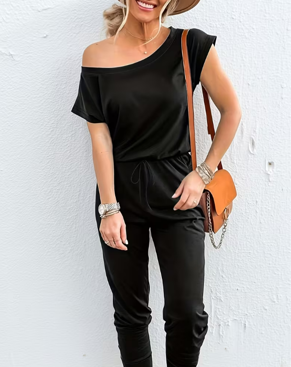 Women's Slant Shoulder Tie-Waist Jumpsuit