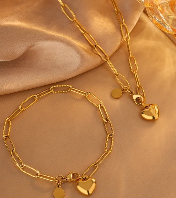 Stainless Steel Paper Clip Heart Necklace and Bracelet Set
