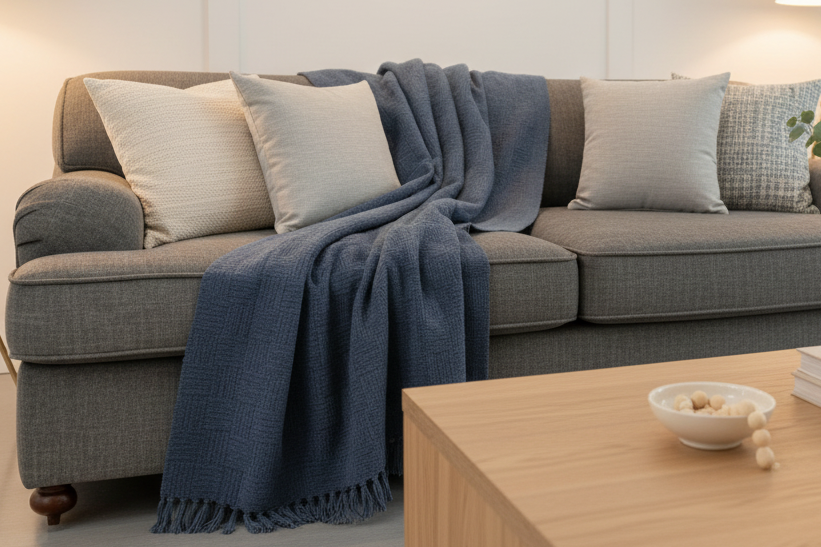 Vintage Navy Chenille Fringed Throw Blanket