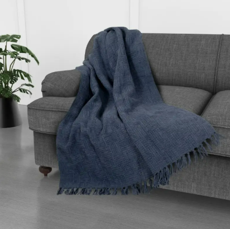 Vintage Navy Chenille Fringed Throw Blanket