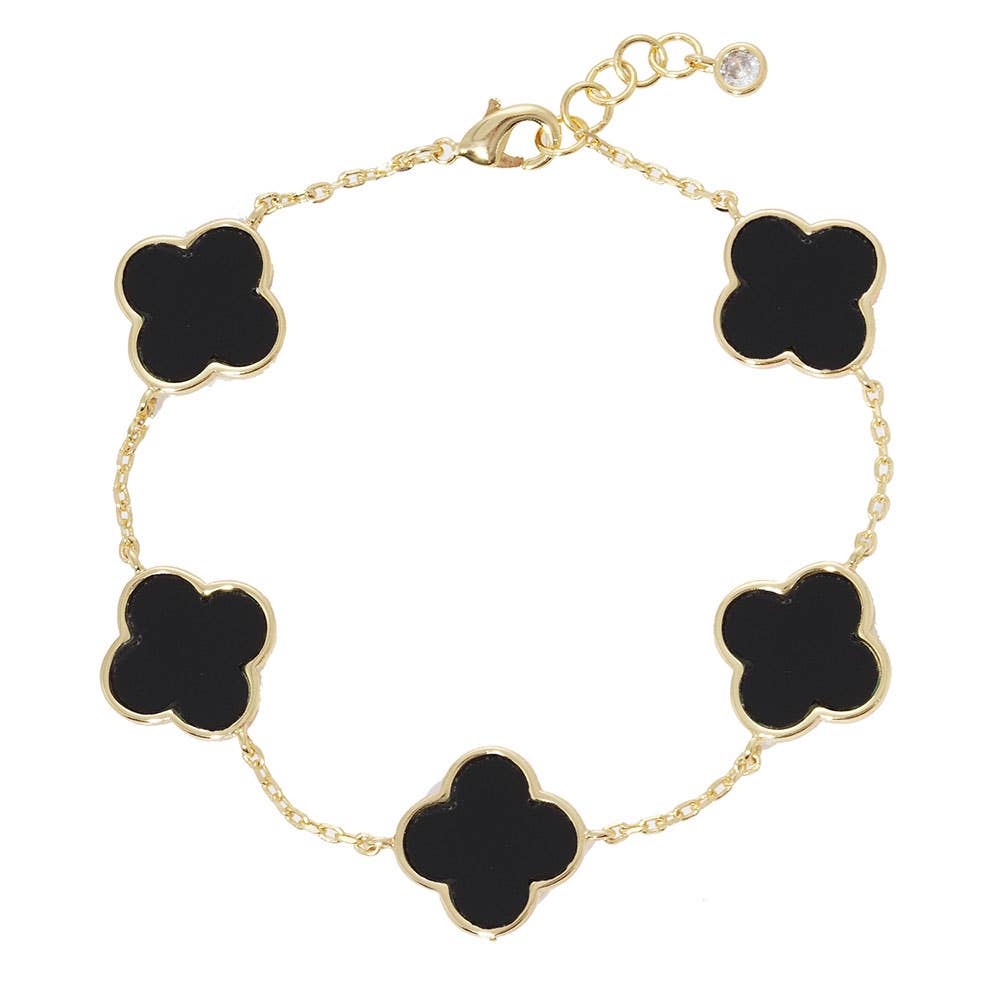 Gold Dipped Quatrefoil Charm Link Bracelet: Black