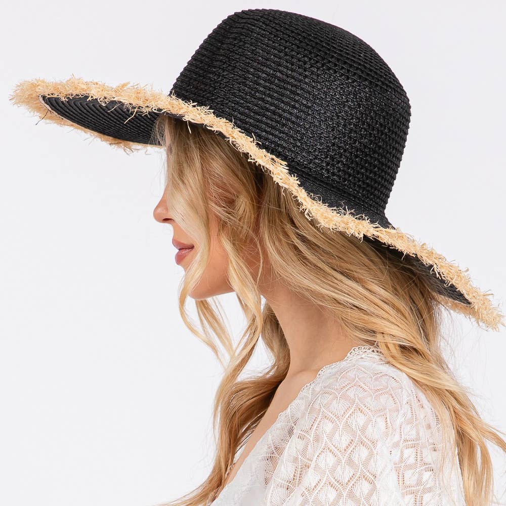 Frayed Edge Floppy Straw Sun Black Hat