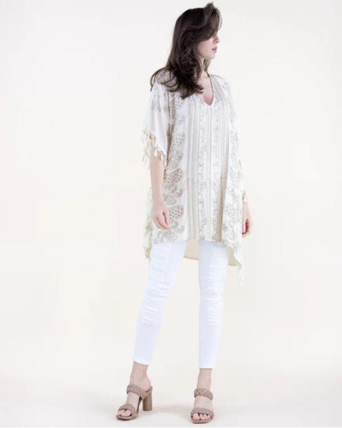 Vineyard Paisley Embroidered Tassel Tim Kaftan | Beige