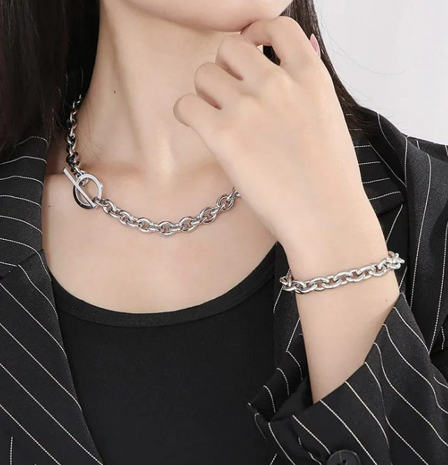 Geometric Gold Titanium Steel Necklace and Bracelet Set