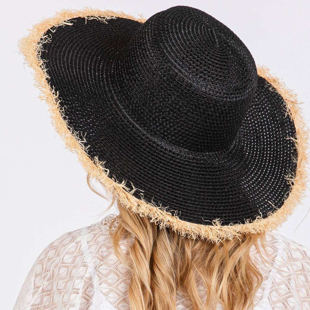 Frayed Edge Floppy Straw Sun Black Hat