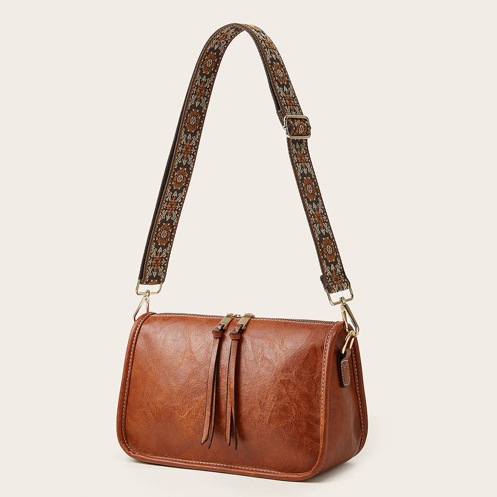 Brown Bohemian Wide Shoulder Strap Crossbody Bag