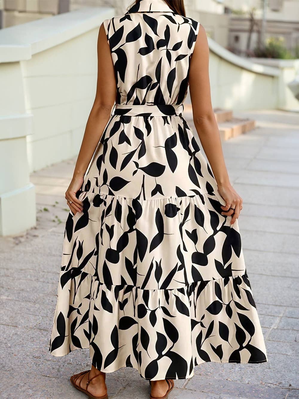Leaf Print Sleeveless Collar Neck Dress