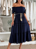 Blue Short Sleeved Waist Tied Dress