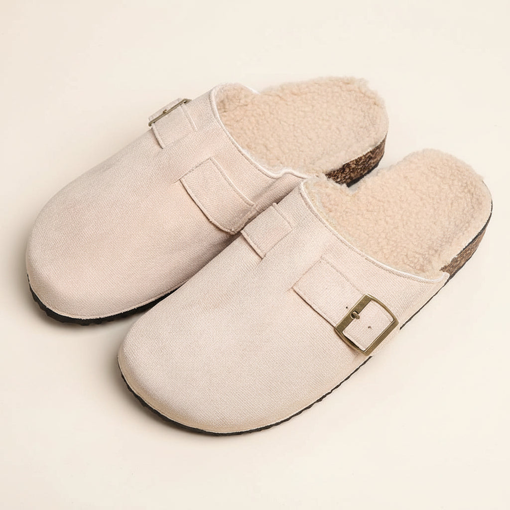Solid Faux Fur Suede Buckle Mule Clog Slippers