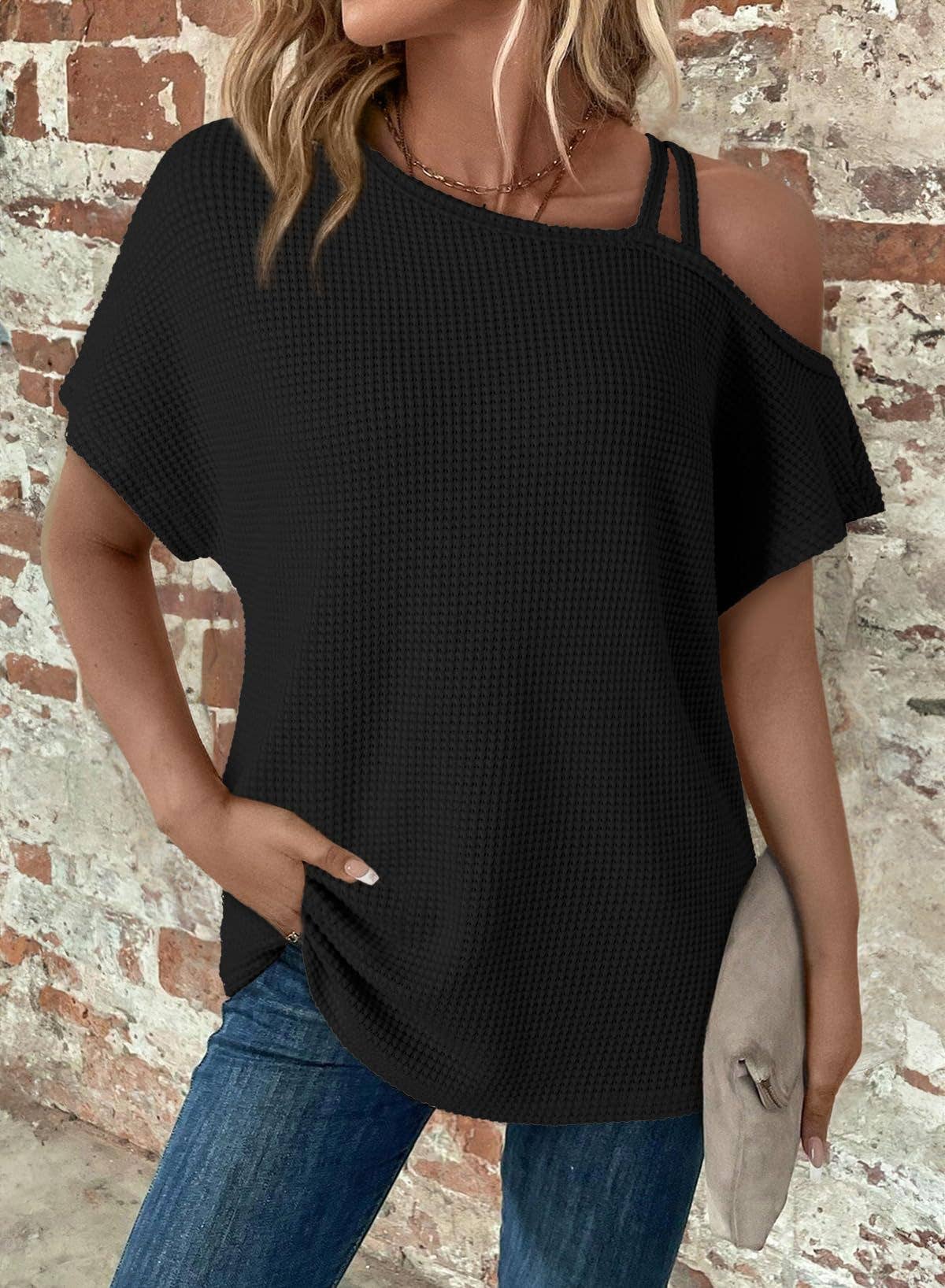 Women's Off-Shoulder Knit Top – Casual Summer Short Sleeve Blouse
