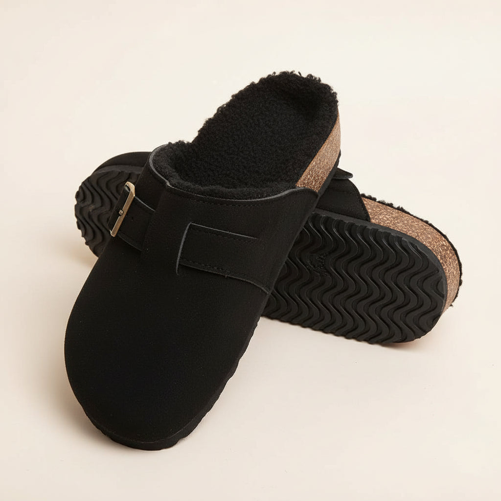 Solid Faux Fur Suede Buckle Mule Clog Slippers