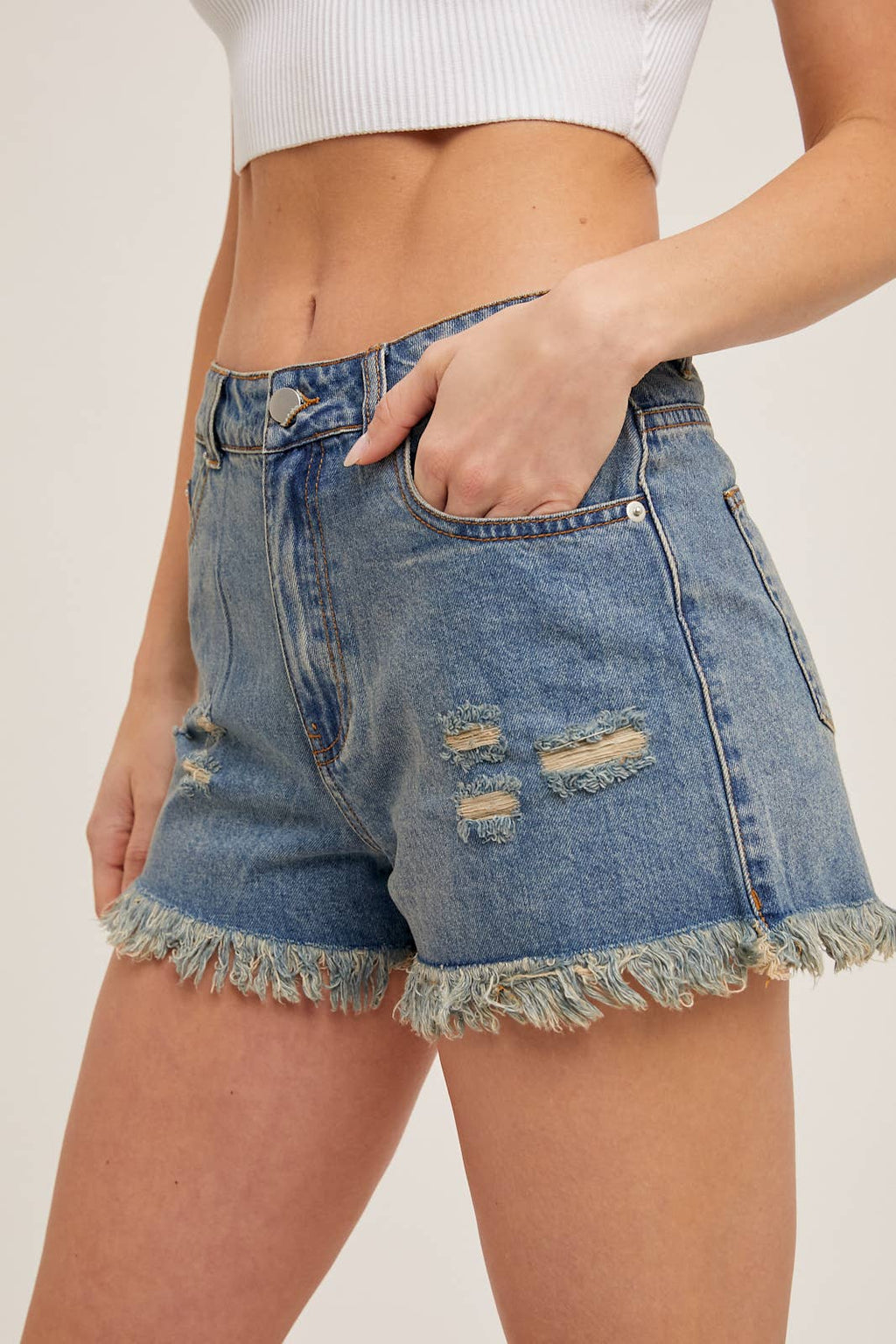Frayed Hem High Rise Denim Shorts