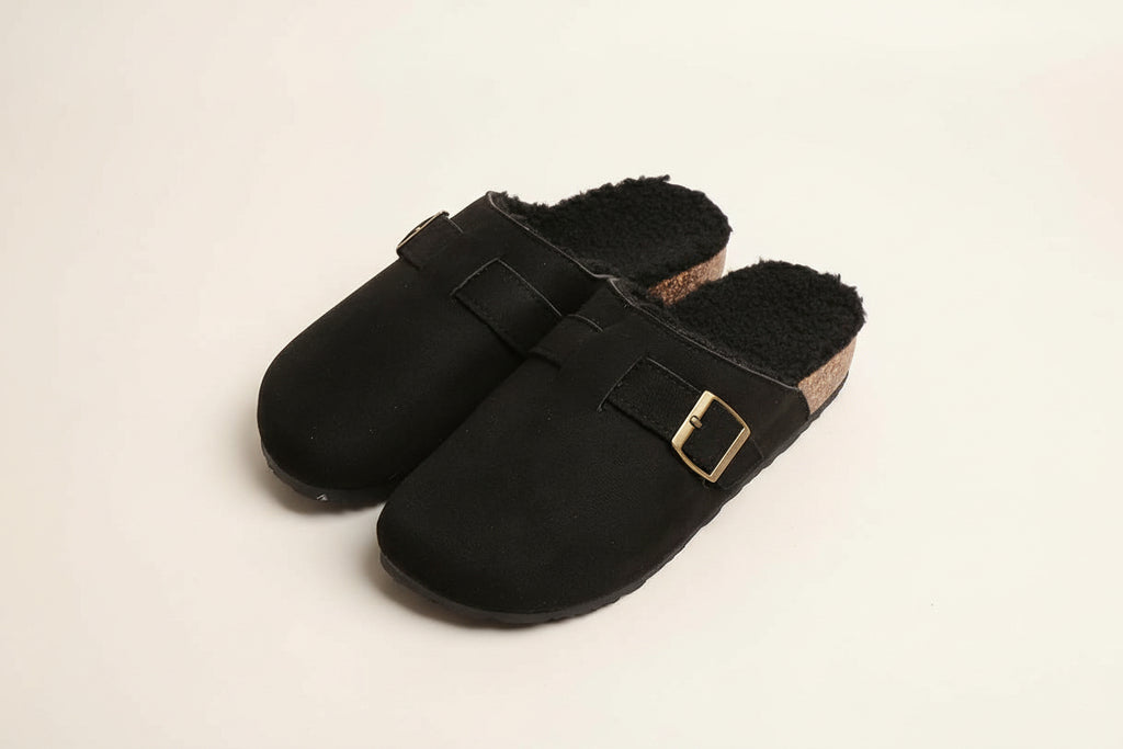 Sensibling Corp. - Solid Faux Fur Suede Buckle Mule Clog Slippers: Black