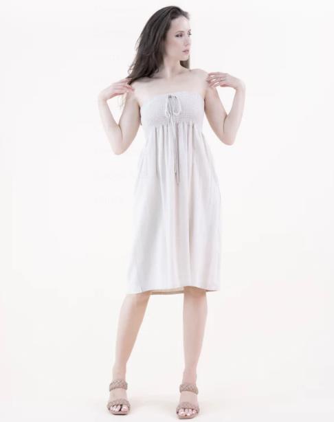 Cotton Linen Shirred Top Midi Dress | Beige