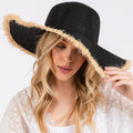Frayed Edge Floppy Straw Sun Black Hat
