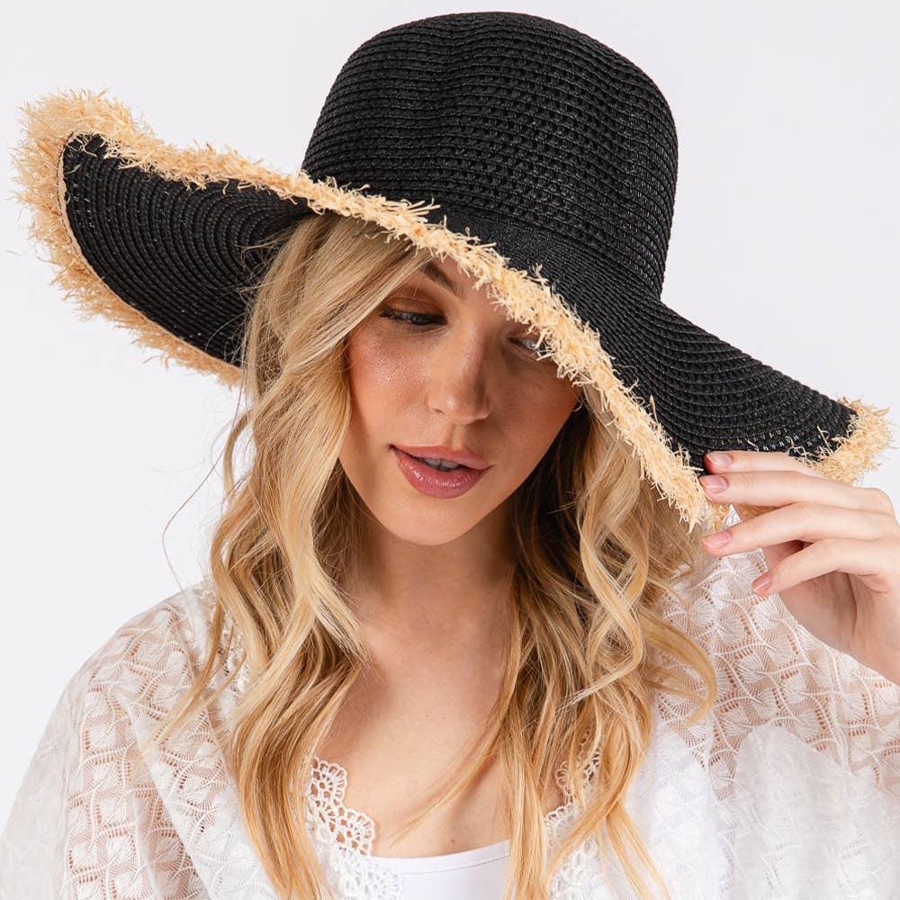 Frayed Edge Floppy Straw Sun Black Hat