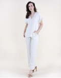 Linen Square Hem Stich V-Neck Blouse | Beige