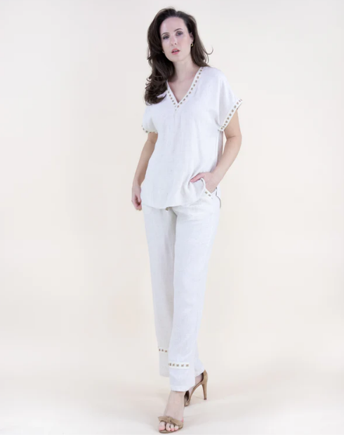 Linen Square Hem Stich V-Neck Blouse | Beige