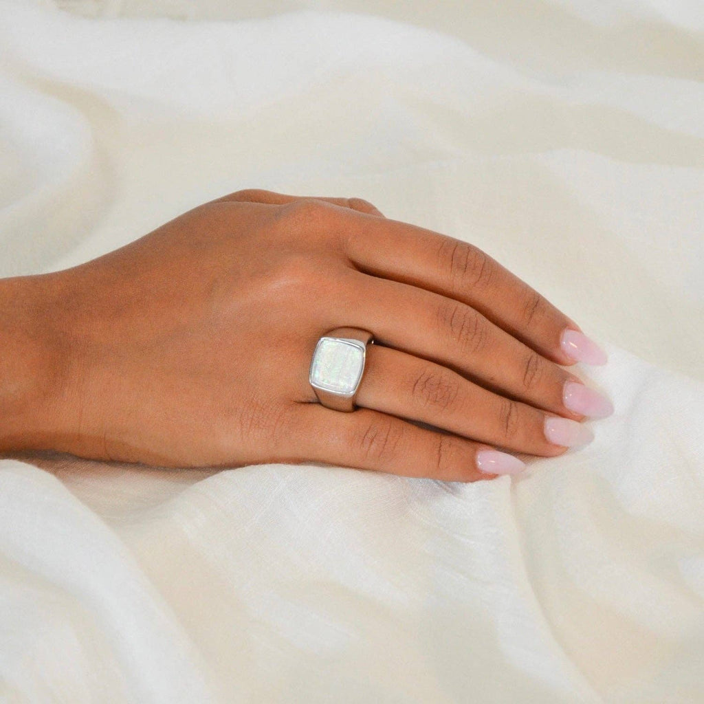White Resin Square Chunky Stretch Ring | Silver