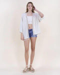 Linen Embroidered Tassel Trim Open Front Summer Jacket | Beige