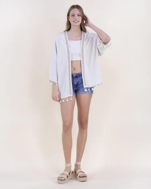 Linen Embroidered Tassel Trim Open Front Summer Jacket | Beige