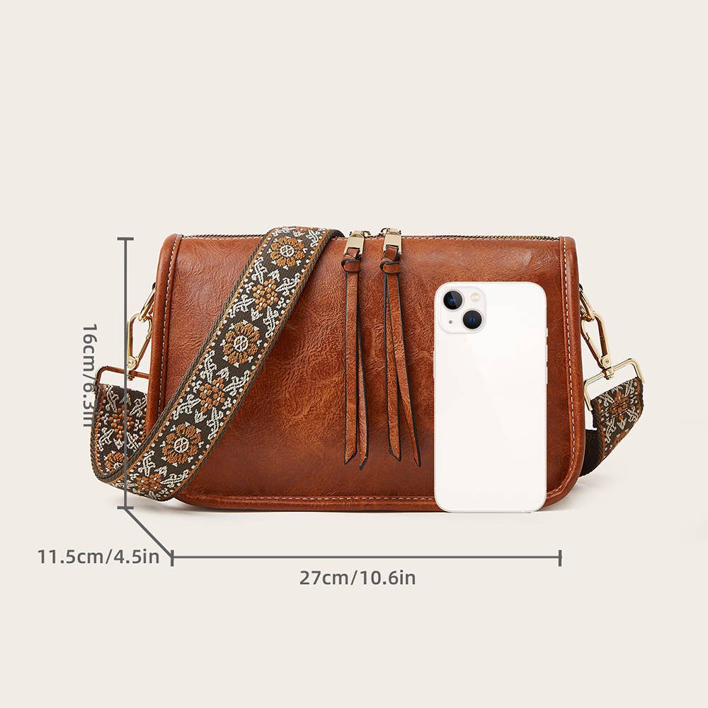 Brown Bohemian Wide Shoulder Strap Crossbody Bag