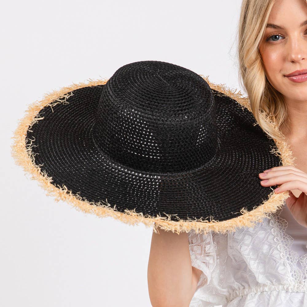 Frayed Edge Floppy Straw Sun Black Hat