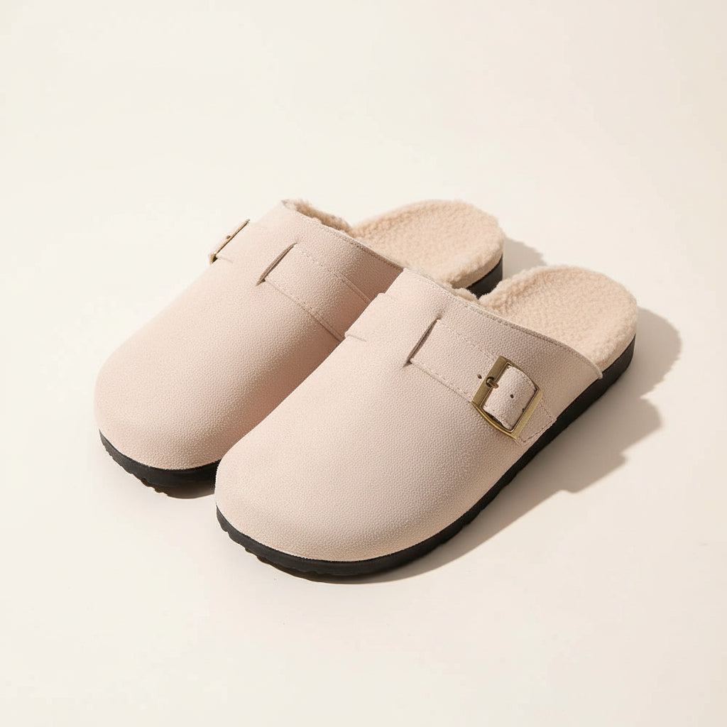 Solid Faux Fur Suede Buckle Mule Clog Slippers