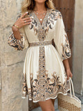 Printed V-neck Lace Up Waist Dress