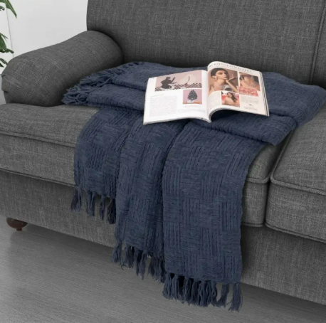 Vintage Navy Chenille Fringed Throw Blanket