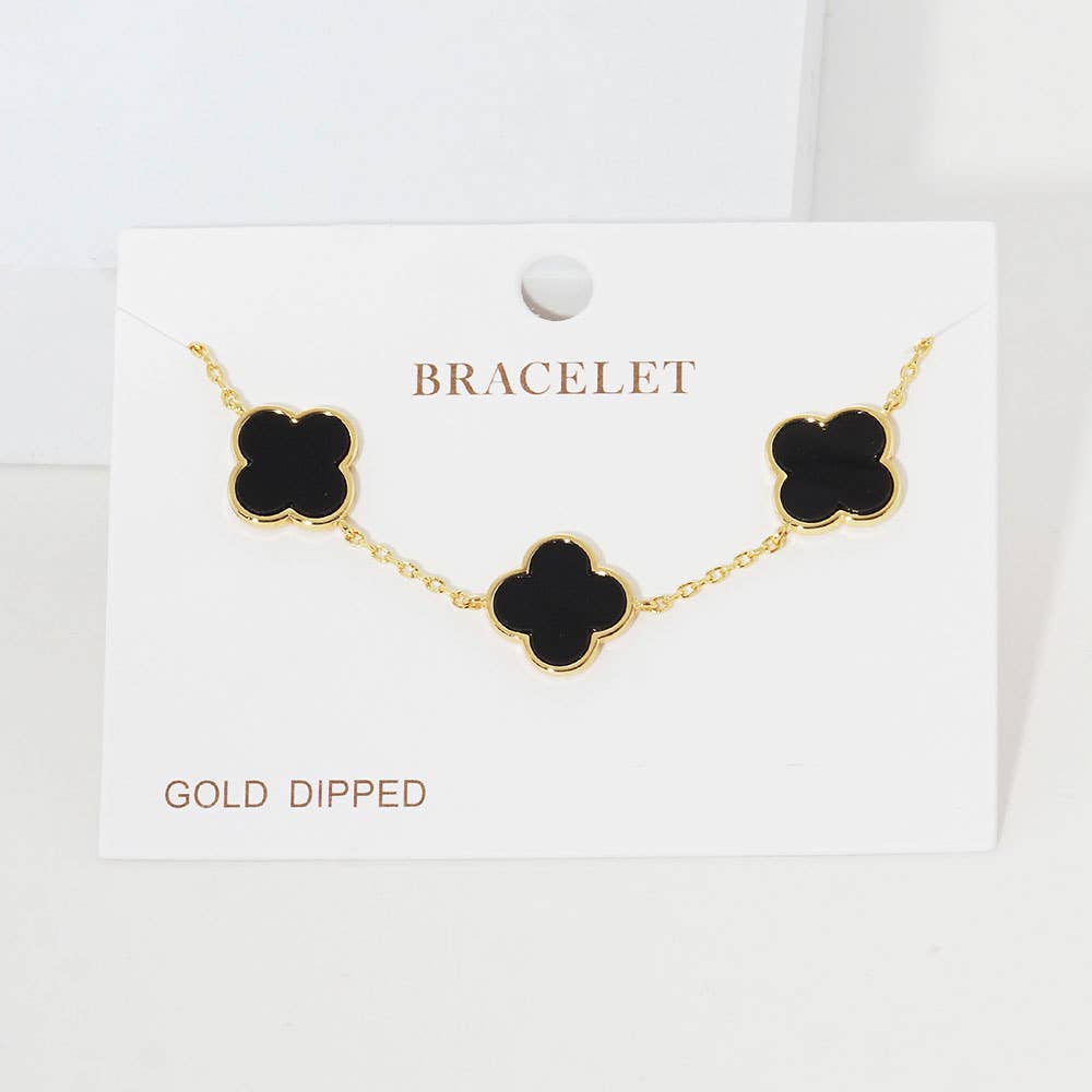 Gold Dipped Quatrefoil Charm Link Bracelet: Black