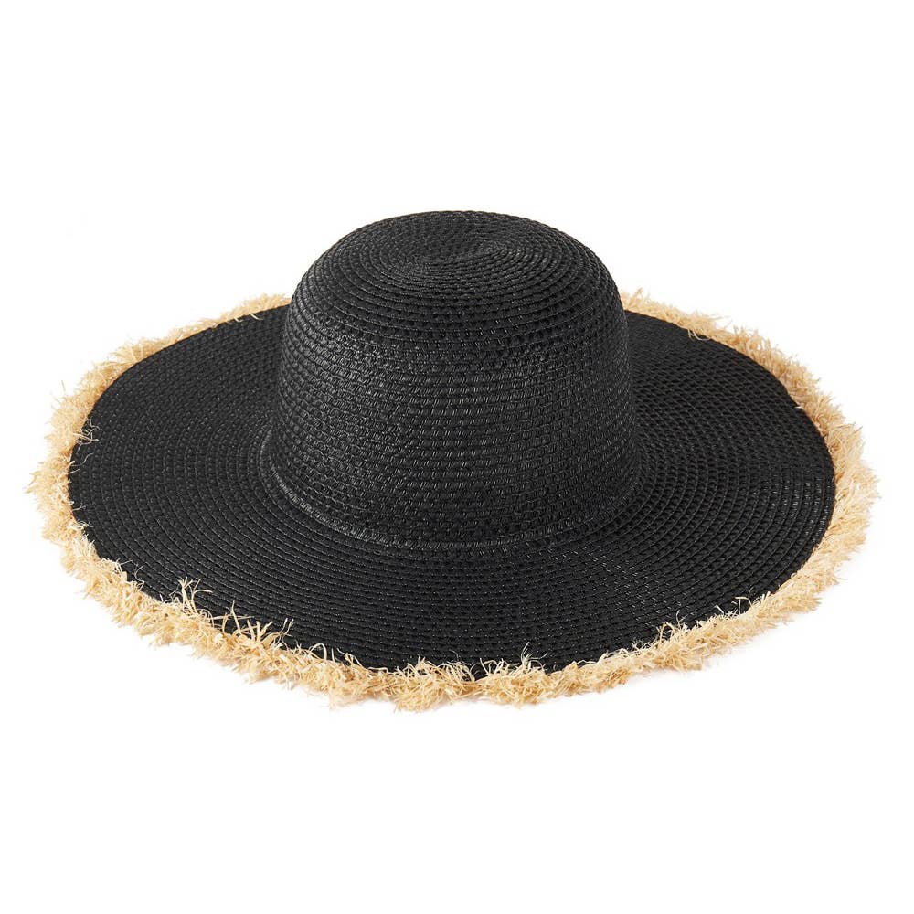 Frayed Edge Floppy Straw Sun Black Hat