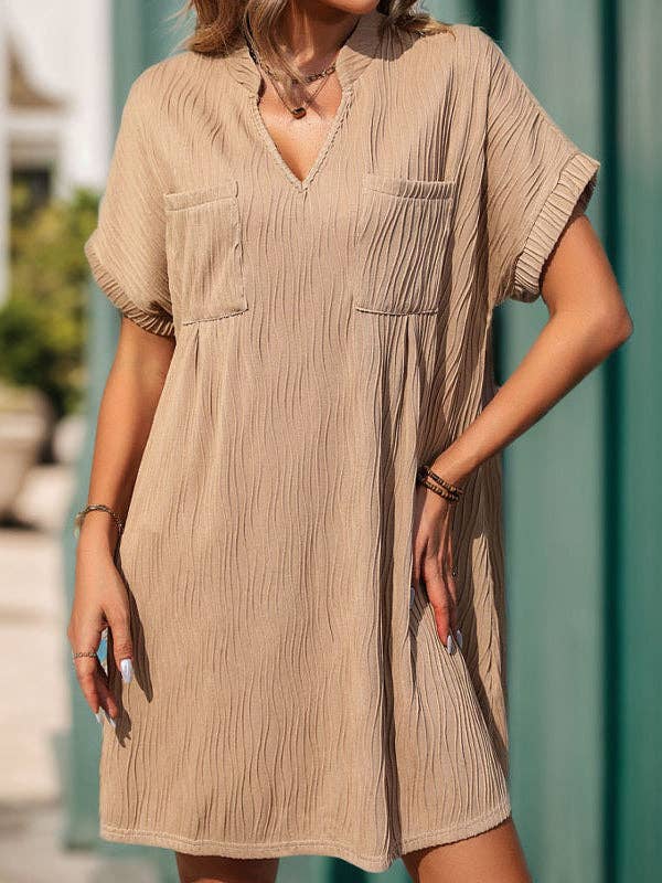 Loose Short Sleeves Pleated V-Neck Mini Dresse