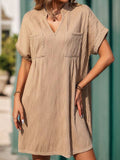 Loose Short Sleeves Pleated V-Neck Mini Dresse