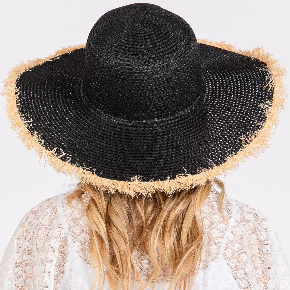 Frayed Edge Floppy Straw Sun Black Hat