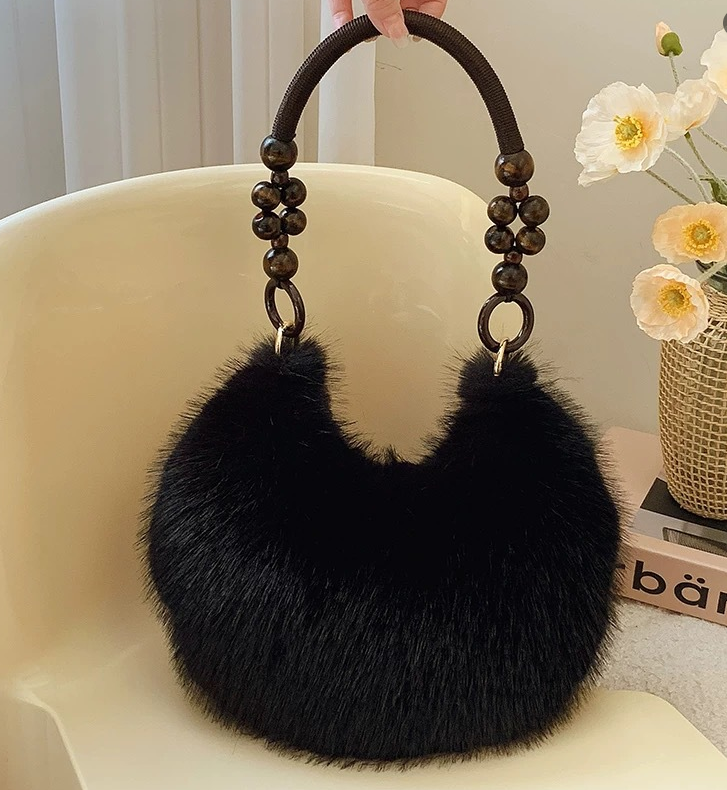 Plush Beaded Strap Underarm Purse