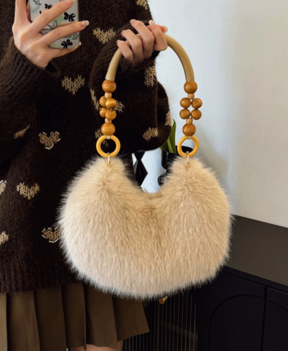 Plush Beaded Strap Underarm Purse