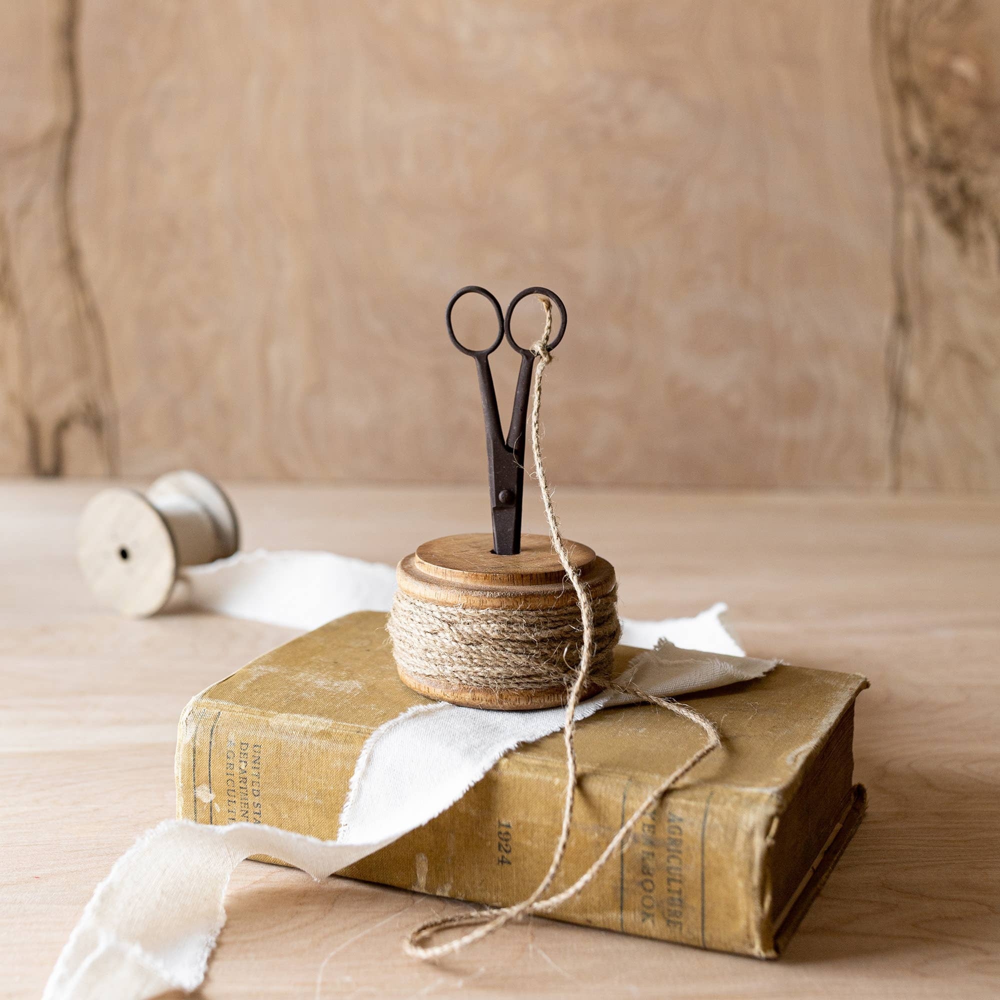 Vintage Decorative Scissor and Spool Metal, Wood & Jute