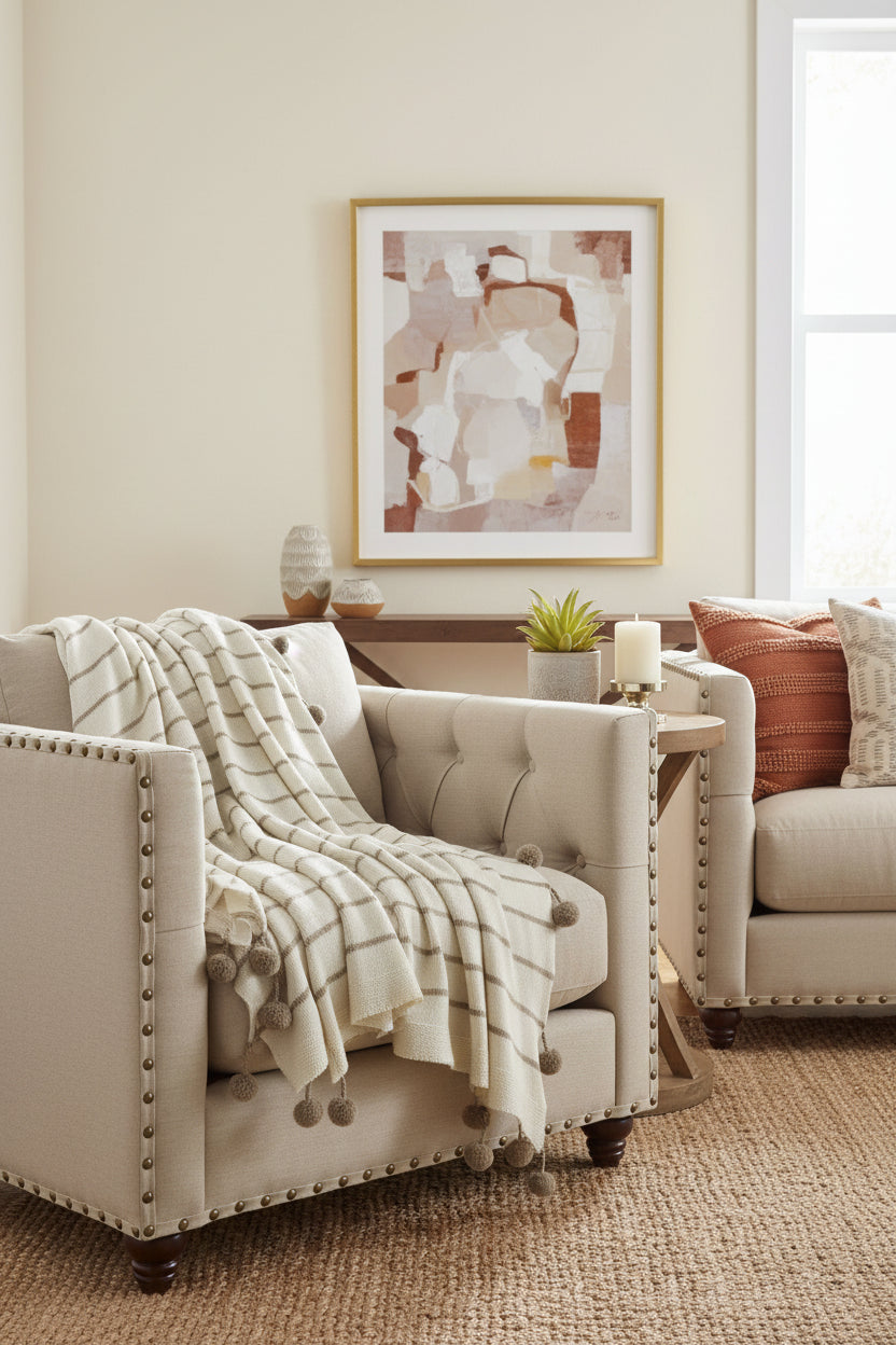 Ivory Pompon Design Throw | 50"x60"