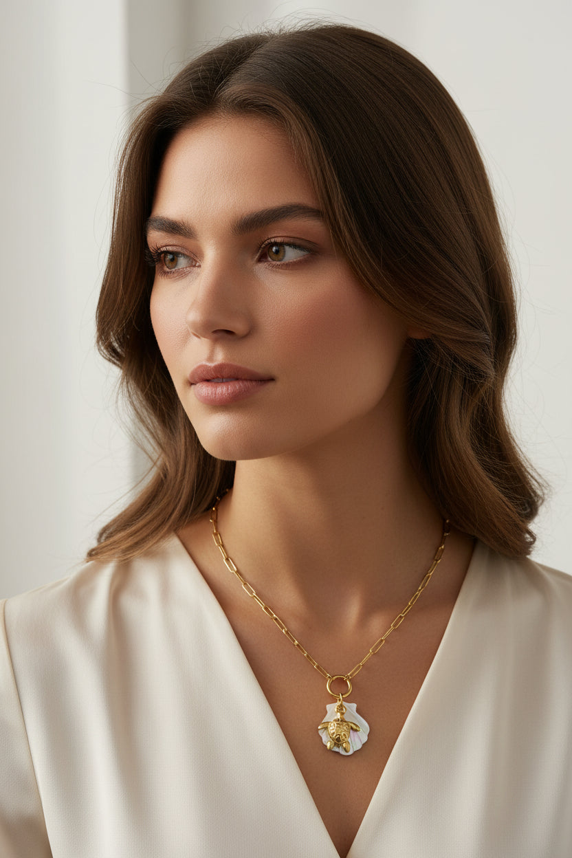 Ocean Style Shell & Fish Charm 18K Golden SS Necklace - FGS: Turtle