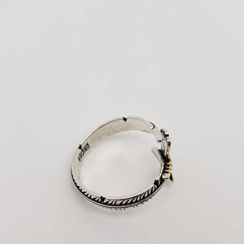 Silver Plated Feather Gold Dragonfly Adjustable Ring