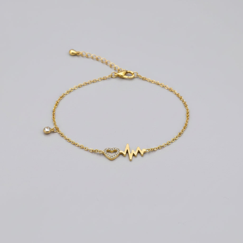 CZ Heart ECG Charm 18K Gold-plated S.Steel Anklet - FGS