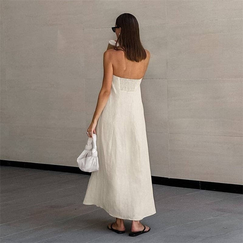 Khaki Casual Strapless Maxi Dress