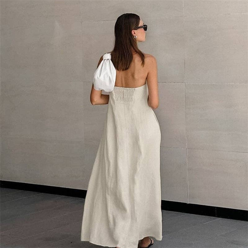 Khaki Casual Strapless Maxi Dress