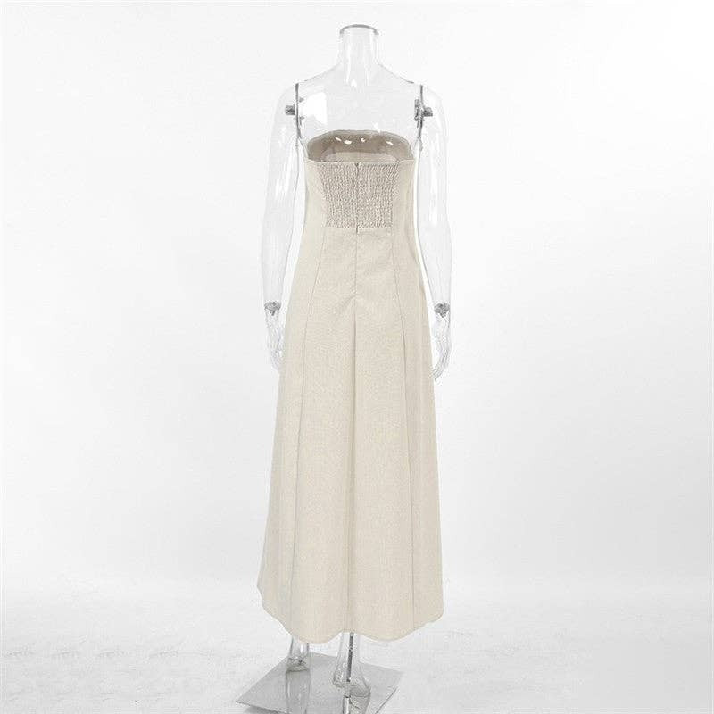 Khaki Casual Strapless Maxi Dress