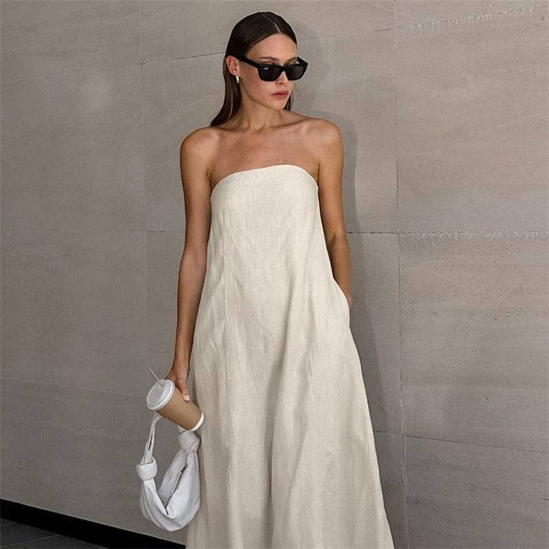Khaki Casual Strapless Maxi Dress