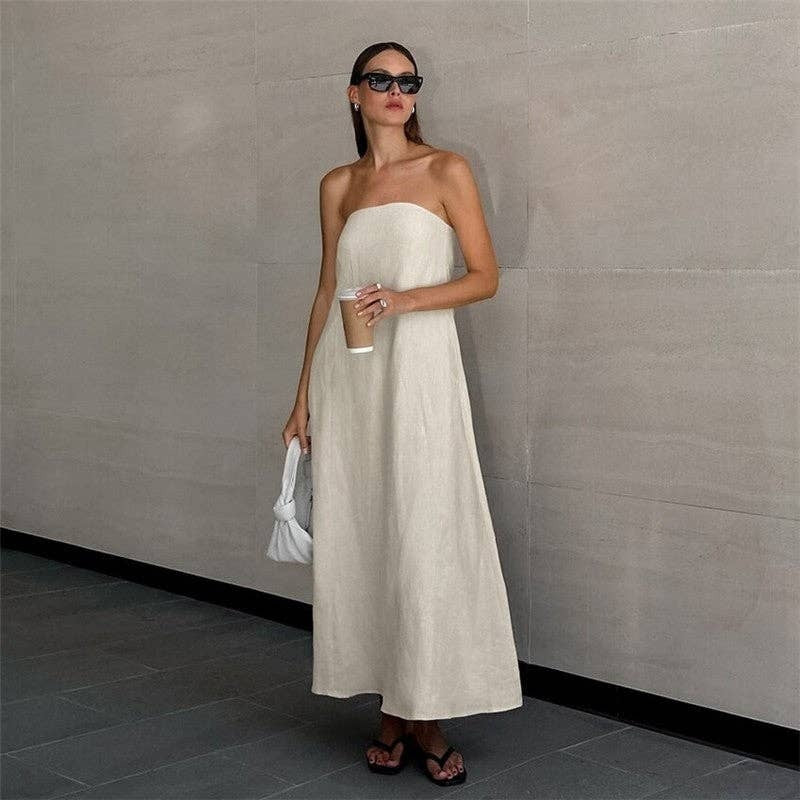 Khaki Casual Strapless Maxi Dress